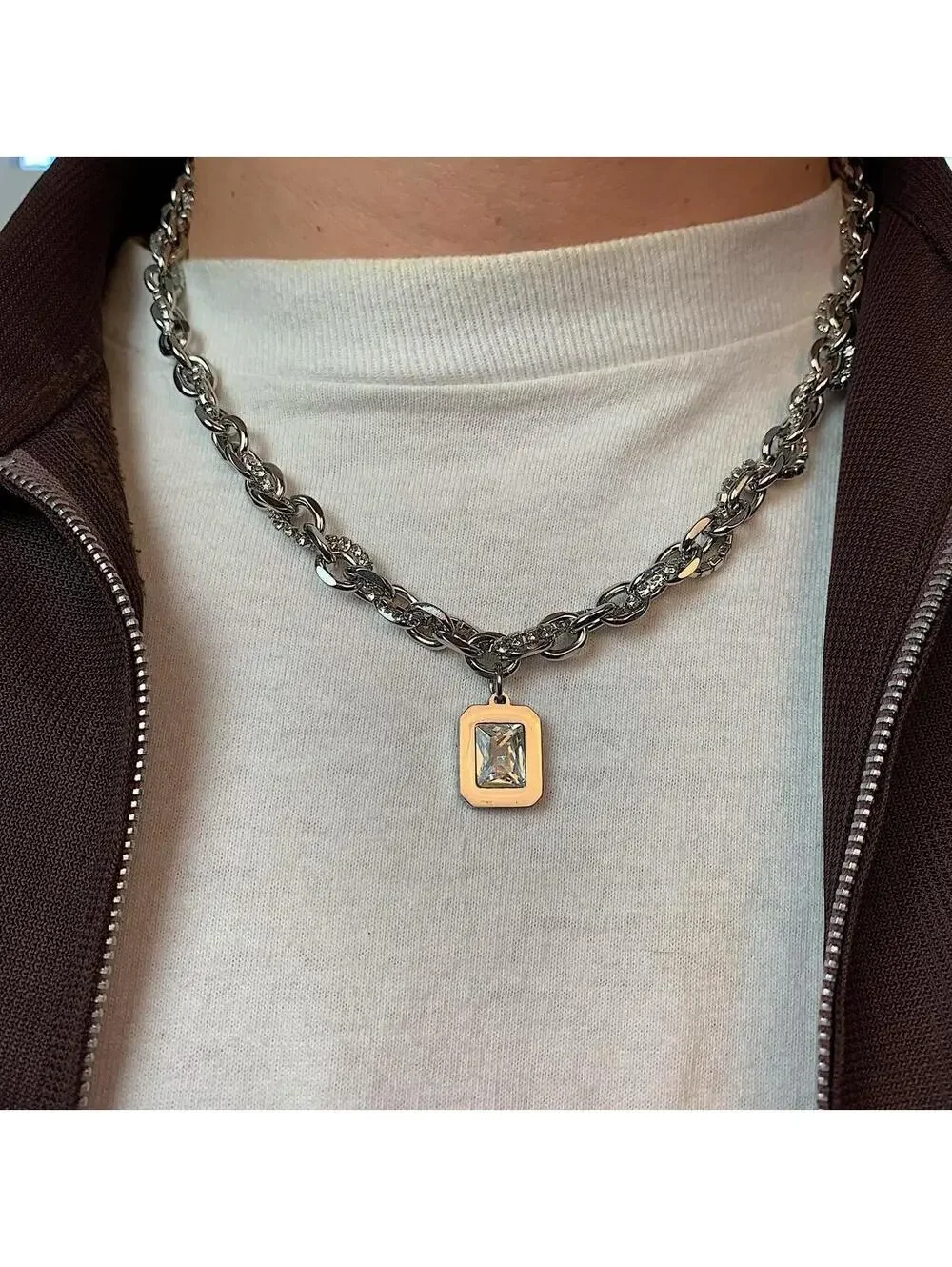 Stainless Steel White Opal Pendant Y2K Style Necklace. Unisex. Brand New. 18-.